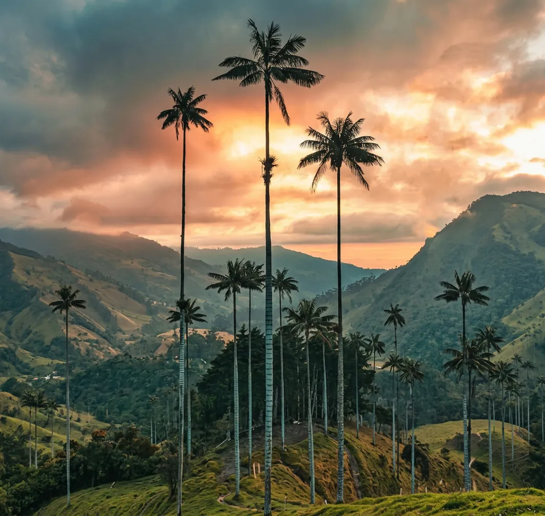 Wax palms of the Cocora Valley among green mountains in Quindío